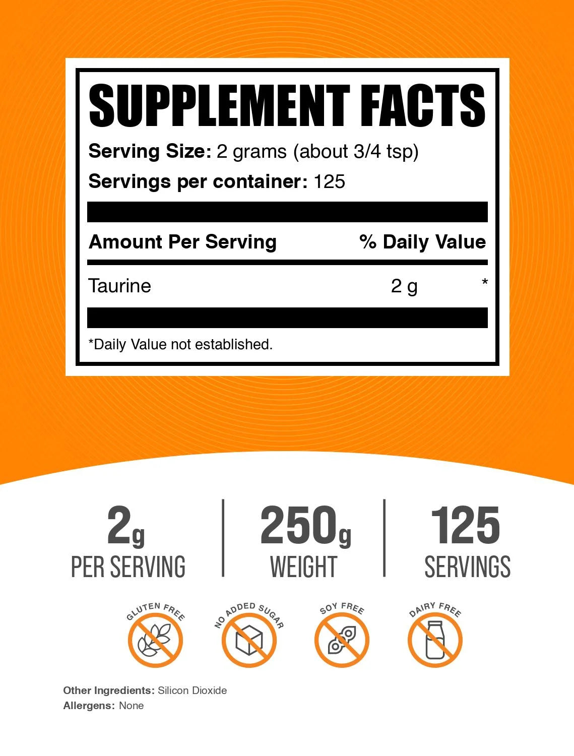 Bulksupplements Taurine Powder - Gluten Free, 2G per Serving - 250 Grams (8.8 Oz) - 125 Servings