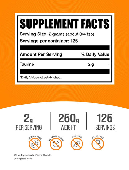 Bulksupplements Taurine Powder - Gluten Free, 2G per Serving - 250 Grams (8.8 Oz) - 125 Servings